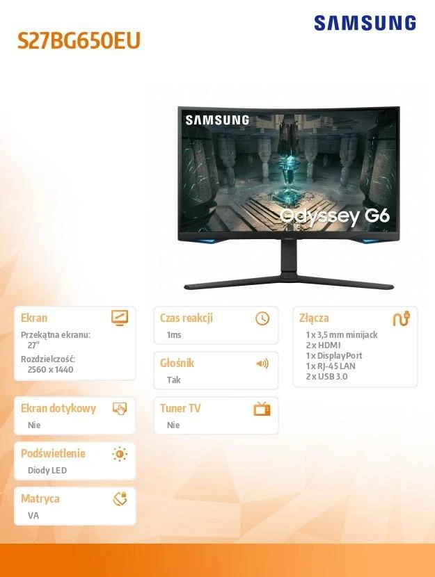 Monitorius SAMSUNG S27BG650EU Gaming G6B 27 colių 16:9 2560x1440 QHD 1ms 240Hz VA reguliuojamas aukštis Garsiakalbis 1xDP 2xHDMI juodas