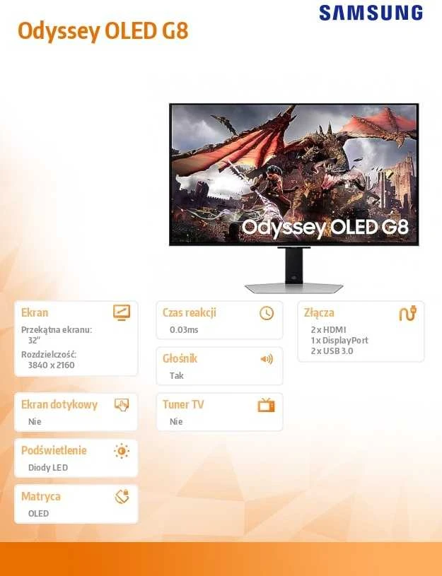 Monitorius Samsung | LS32DG802SUXDU | 32 " | OLED | 4K | 16:9 | 240 Hz | 0.03 ms | 3840 x 2160 pikselių | 200 cd/m² | HDMI jungtys quantity 2 | Sidabrinis