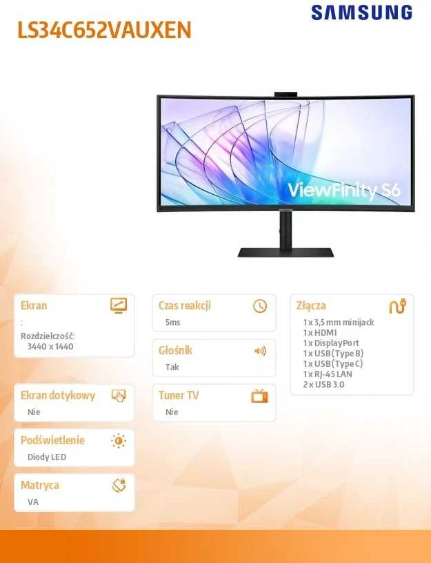 Monitorius Samsung ViewFinity S6 S65VC QHD LS34C652VAUXEN/Curved/Ultra WQHD/21:9/350 cd/㎡/USB Type-C/Adaptive image/100 Hz refresh rate