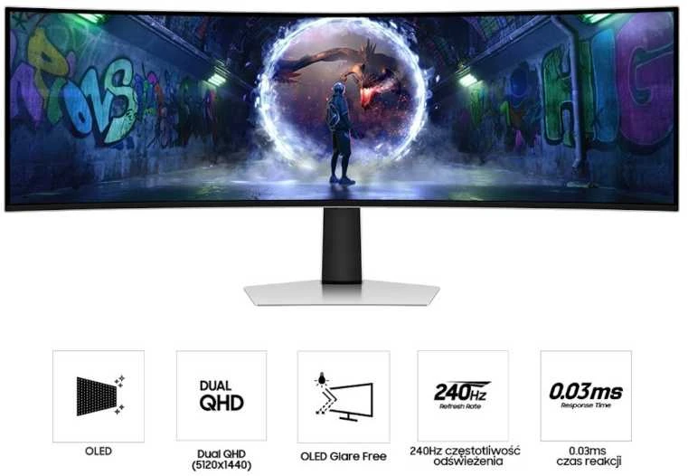 Monitorius Samsung | LS49DG934SUXEN Odyssey G9 G93SD | 49 " | OLED | DQHD | 32:9 | 240 Hz | 0.03 ms | 5120 x 1440 pikselių | 250 cd/m² | HDMI jungtys quantity 1 | Sidabrinis