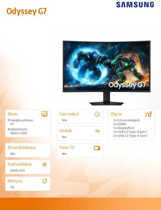 Maksimaliai informatyvus: Žaidimų monitorius Samsung Odyssey G7 G75F, 37" 4K UHD (3840x2160) lenktas VA, 1000R, 165Hz, 1ms, HDR 600, FreeSync Premium Pro