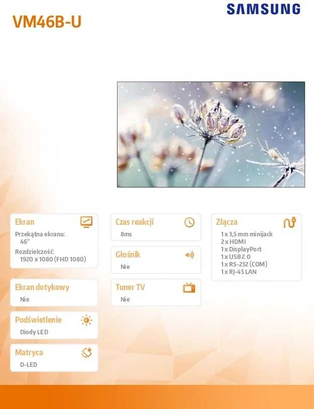 Samsung Profesionalus monitorius vm46b-u 46 colių vaizdo sienelė matinis 24h/7 500(cd/m2) 1920x1080(fhd) n/a 3 metai vietoje (lh46vmbubgbxen)