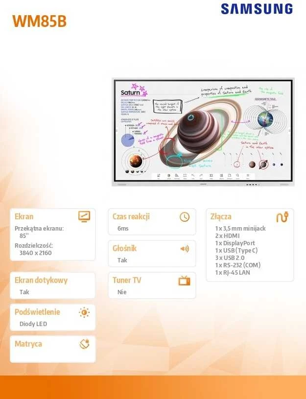 Monitorius SAMSUNG 85" FLIP PRO WM85B DIGITAL FLIPBOARD,UHD,TOUCH, HDMI X2, DP, TIZEN 6.5 LANDSCAPE