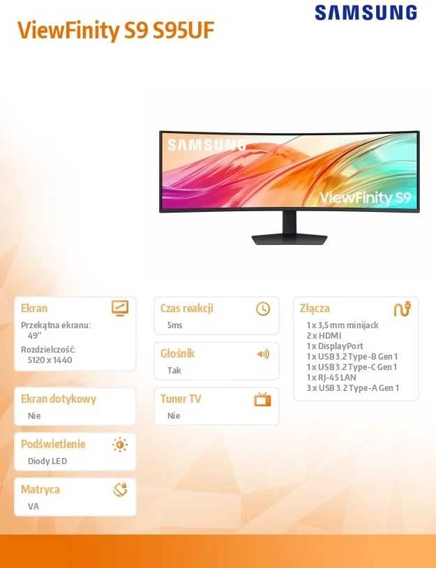 Monitorius Samsung | LS49F950UAUXEN ViewFinity S9 S95UF | 49 " | VA | DQHD | 32:9 | 120 Hz | 5 ms | 5120 x 1440 pikselių | 350 cd/m² | HDMI jungtys quantity 2 | Juodas