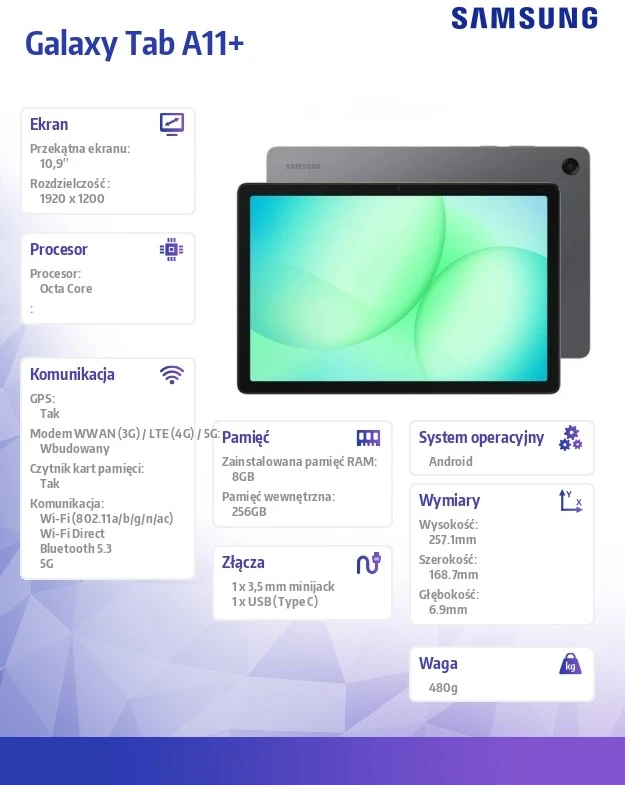 Planšetė Samsung Galaxy Tab A11+ X236 11.0 5G 8GB RAM 256GB – Pilkas
