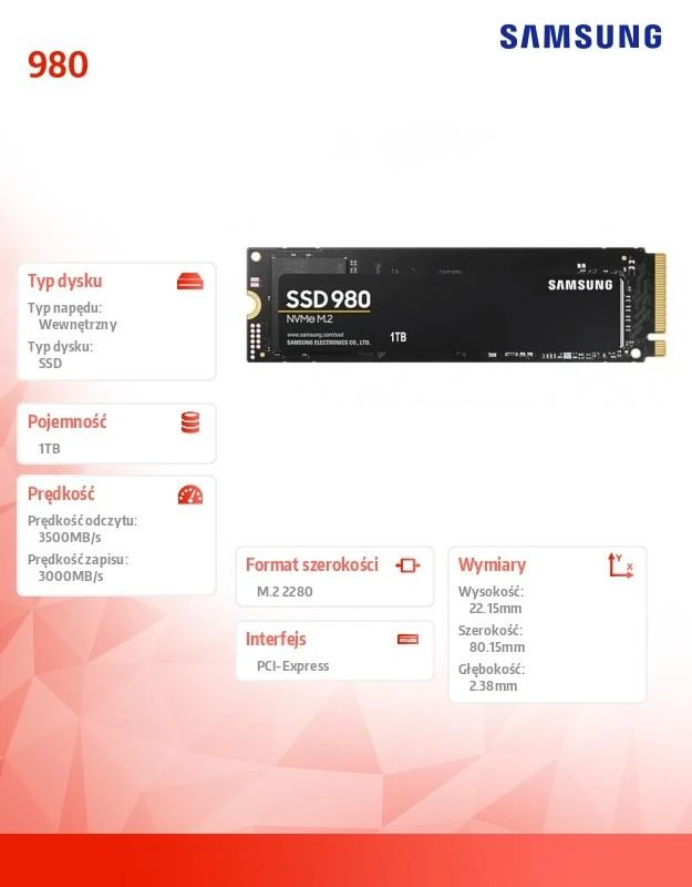 Vidinė kompiuterio atmintis SSD SAMSUNG 980/1TB/M.2/NVMe/PCIe 3.0/Skaitymo greitis 3.500 MB/s/Rašymo greitis 3.000MB/s