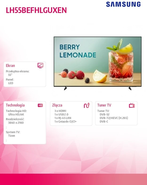Monitorius „Televizorius Samsung BE55FX-H“ LED 55 colių 4K „Ultra HD“ televizorius „Tizen“