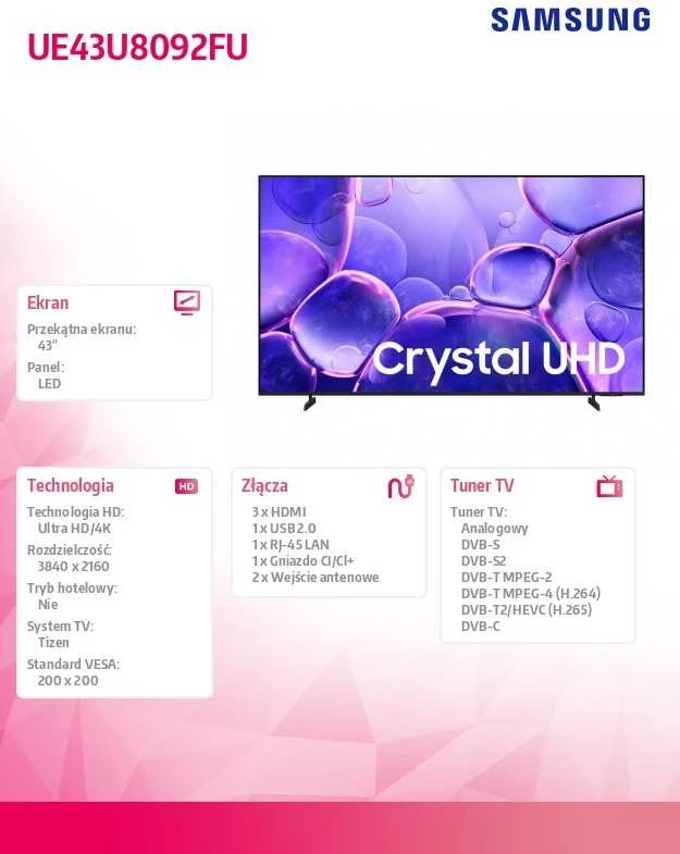 Televizorius Samsung UE43U8092FUXXH 2025 m. modelis