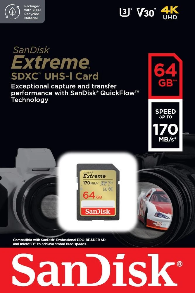 SanDisk Extreme 64GB SDXC kortelė reklaminiame plakate