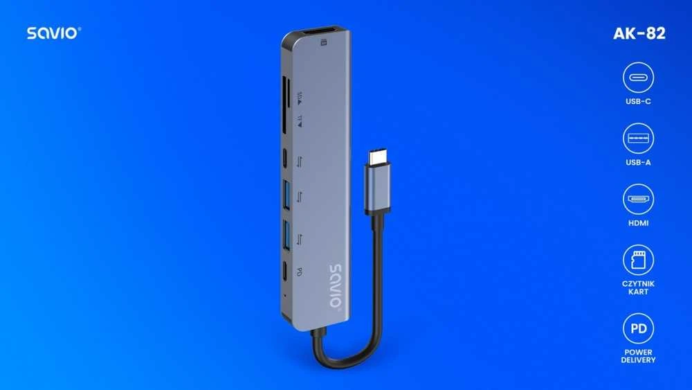 Savio AK-82 USB-C šakotuvas su jungčių piktogramomis