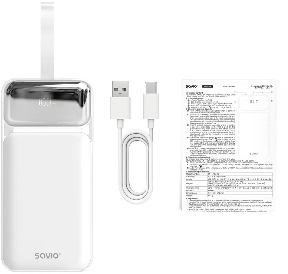 Savio BA-15 50000 mAh balta