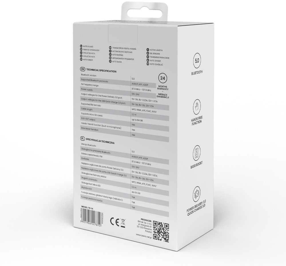 Belaidis Garso Siųstuvas - Savio TR-14 FM Bluetooth 5.0 USB PD 3.0 QuickCharge Juodas