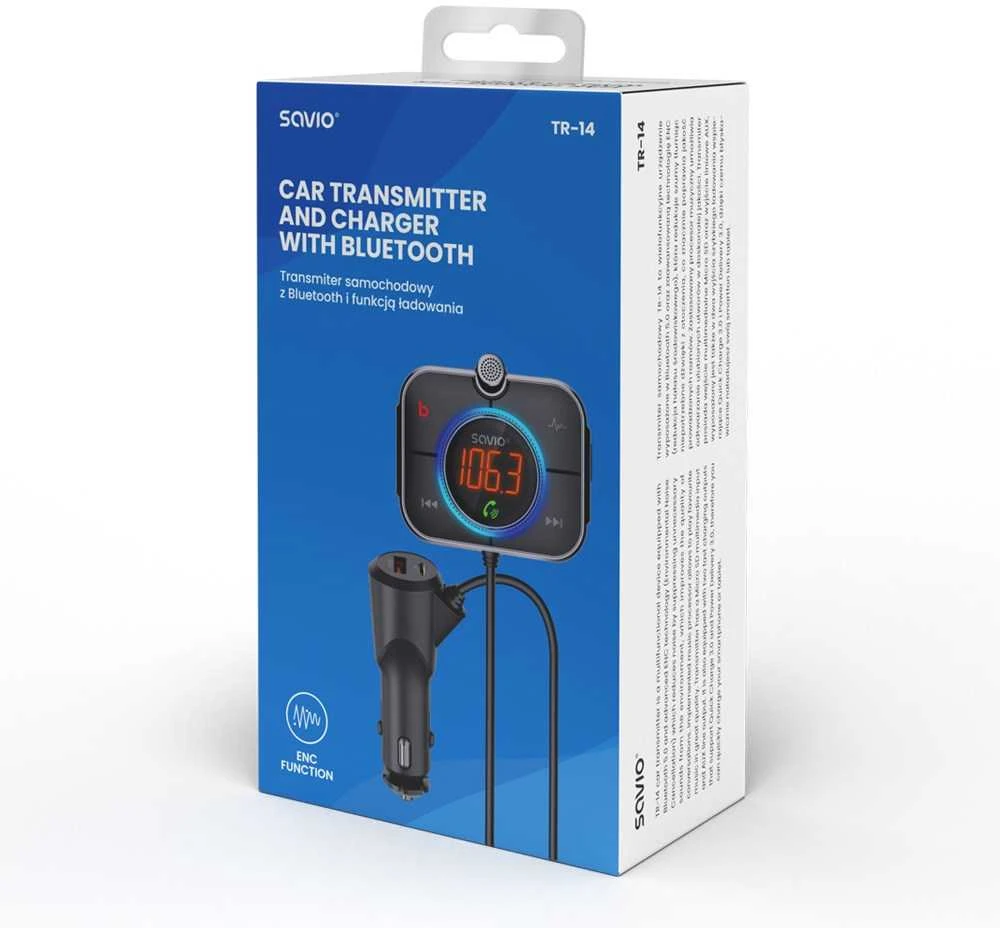 Belaidis Garso Siųstuvas - Savio TR-14 FM Bluetooth 5.0 USB PD 3.0 QuickCharge Juodas