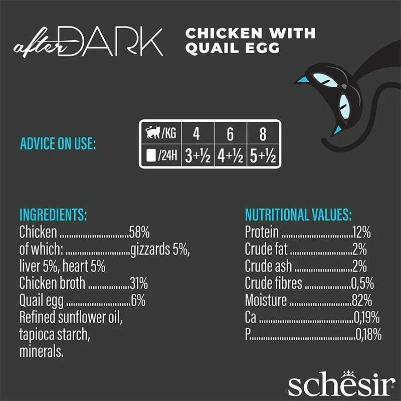 SCHESIR After Dark vištienos filė sultinyje su putpelių kiaušiniais - šlapias kačių ėdalas - 80 g