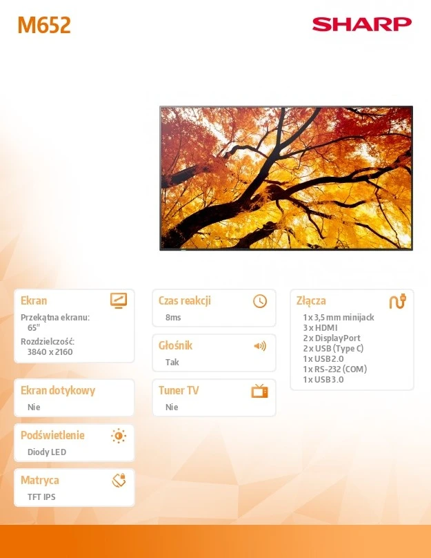 „Sharp MultiSync M652“ monitorius, plokščias, skaitmeninis reklaminis ekranas, 139,7 cm (55 colių), LCD, 550 cd/m², 4K, „Ultra HD“, juodas, jutiklinis ekranas