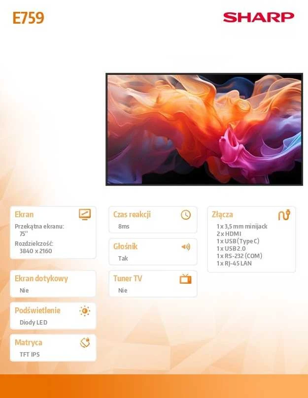 Monitorius Sharp E759 75 colių LFD UHD 350CD/M2 D-LE su foniniu apšvietimu, 16/7 atsparumo USB laikmenoms