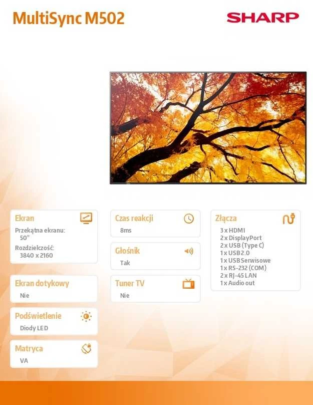 Monitorius Sharp M502 50 colių LFD UHD 550CD/M2 D-L - FONINIS APŠVIETIMAS, 24/7 ĮSPĖJIMAS, SDM LIZDAS, CM