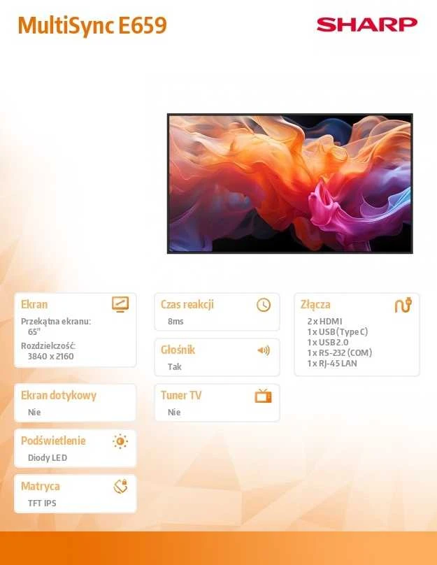 Monitorius Sharp E659 65 colių LFD UHD 350CD/M2 D- - FONINIS APŠVIETIMAS 16/7 ĮSPĖJIMAS USB MEDIAPL