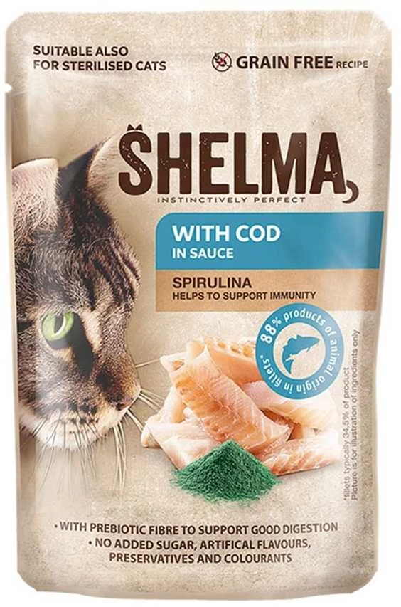 SHELMA Rich in lašiša, cod, jautiena and vištiena – šlapias kačių maistas – 4x85g
