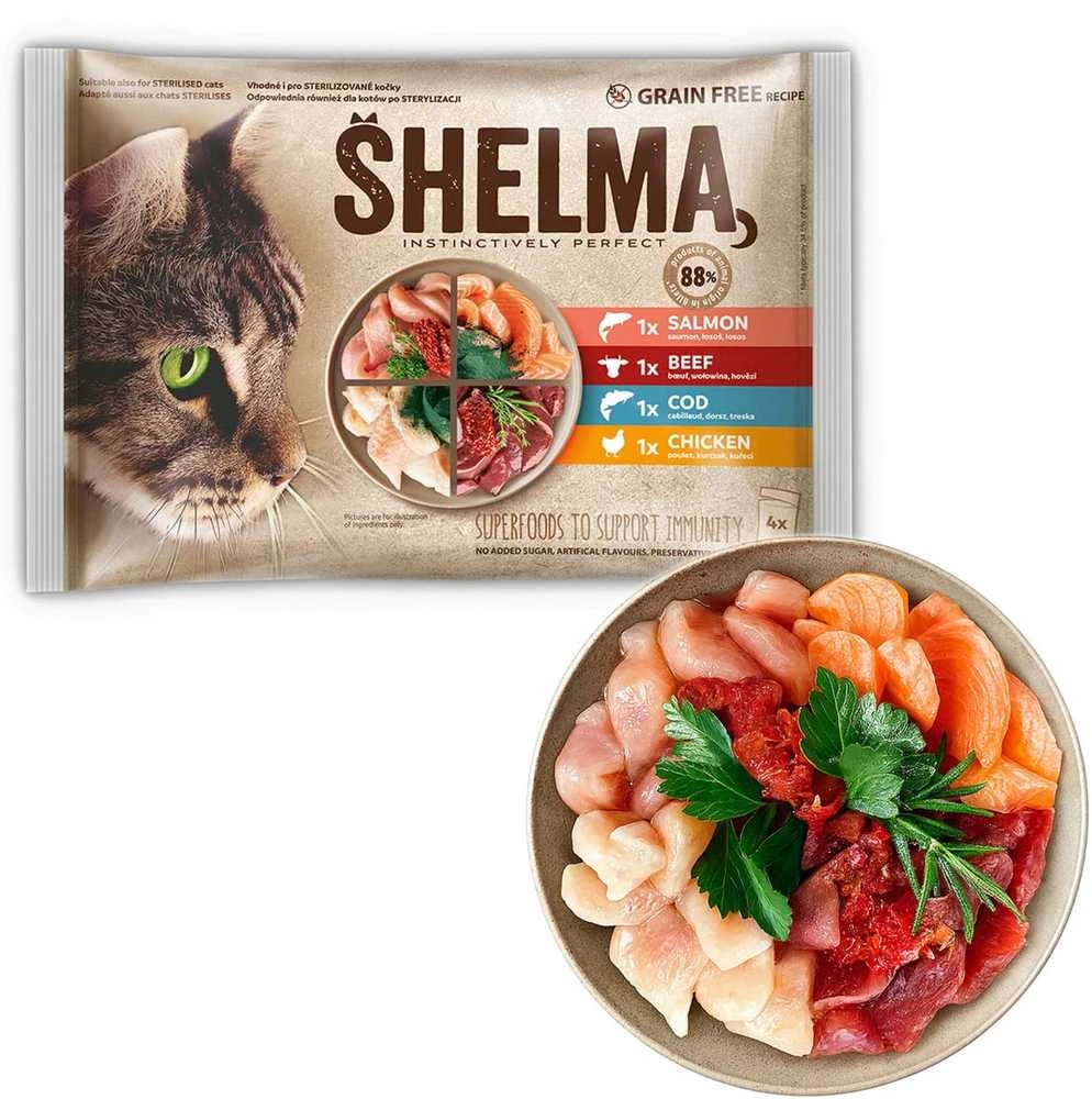 SHELMA Rich in lašiša, cod, jautiena and vištiena – šlapias kačių maistas – 4x85g