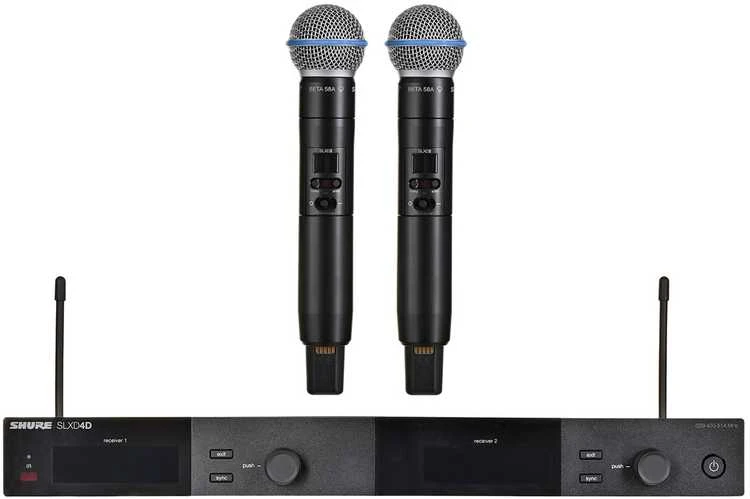 Shure SLXD24DE/B58-G59 - dviejų kanalų skaitmeninė belaidė sistema su dviem siųstuvais/rankiniais mikrofonais (470 - 514 MHz)