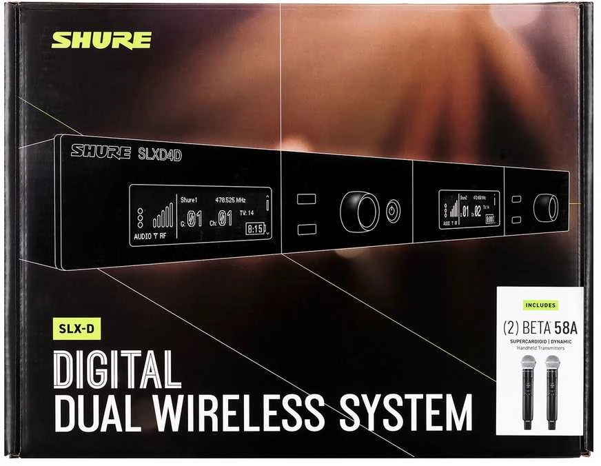 Shure SLXD24DE/B58-G59 - dviejų kanalų skaitmeninė belaidė sistema su dviem siųstuvais/rankiniais mikrofonais (470 - 514 MHz)