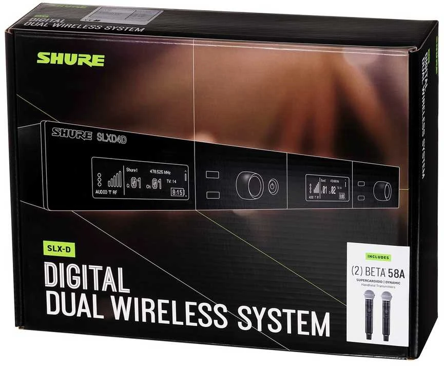 Shure SLXD24DE/B58-G59 - dviejų kanalų skaitmeninė belaidė sistema su dviem siųstuvais/rankiniais mikrofonais (470 - 514 MHz)