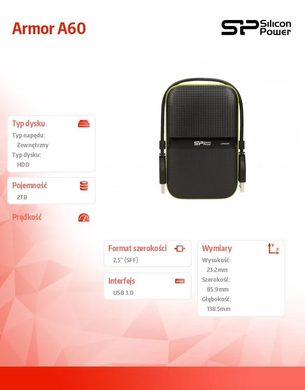 Išorinis kietasis diskas Silicon Power Armor A60 2TB SP020TBPHDA60S3K, Juodas/žalias