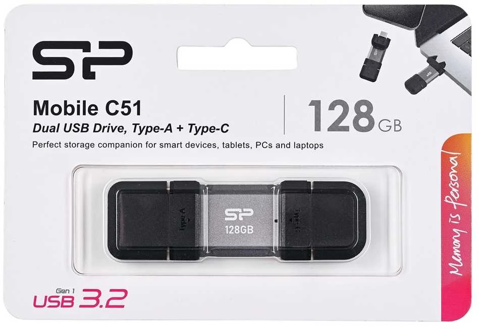 „Silicon Power“ dvigubas USB diskas | „Mobile C51“ | 128 GB | USB C/A tipo | Sidabrinis