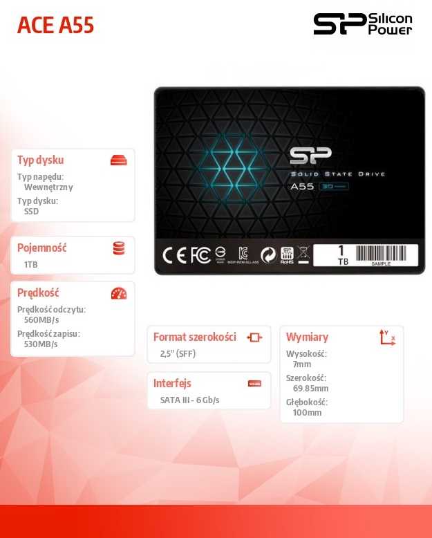 Silicon Power Dysk ssd slim ace a55 1tb 2,5 cala sata3 500/450 mb/s 7mm