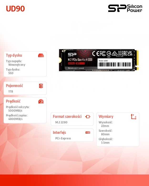 SILIKONIO MAITINIMO KOMPIUTERIS & COMMUNICAT SILICON POWER M.2 2280 PCIe 1TB SSD UD90 Gen4x4 NVMe 4500/1950 MB/s