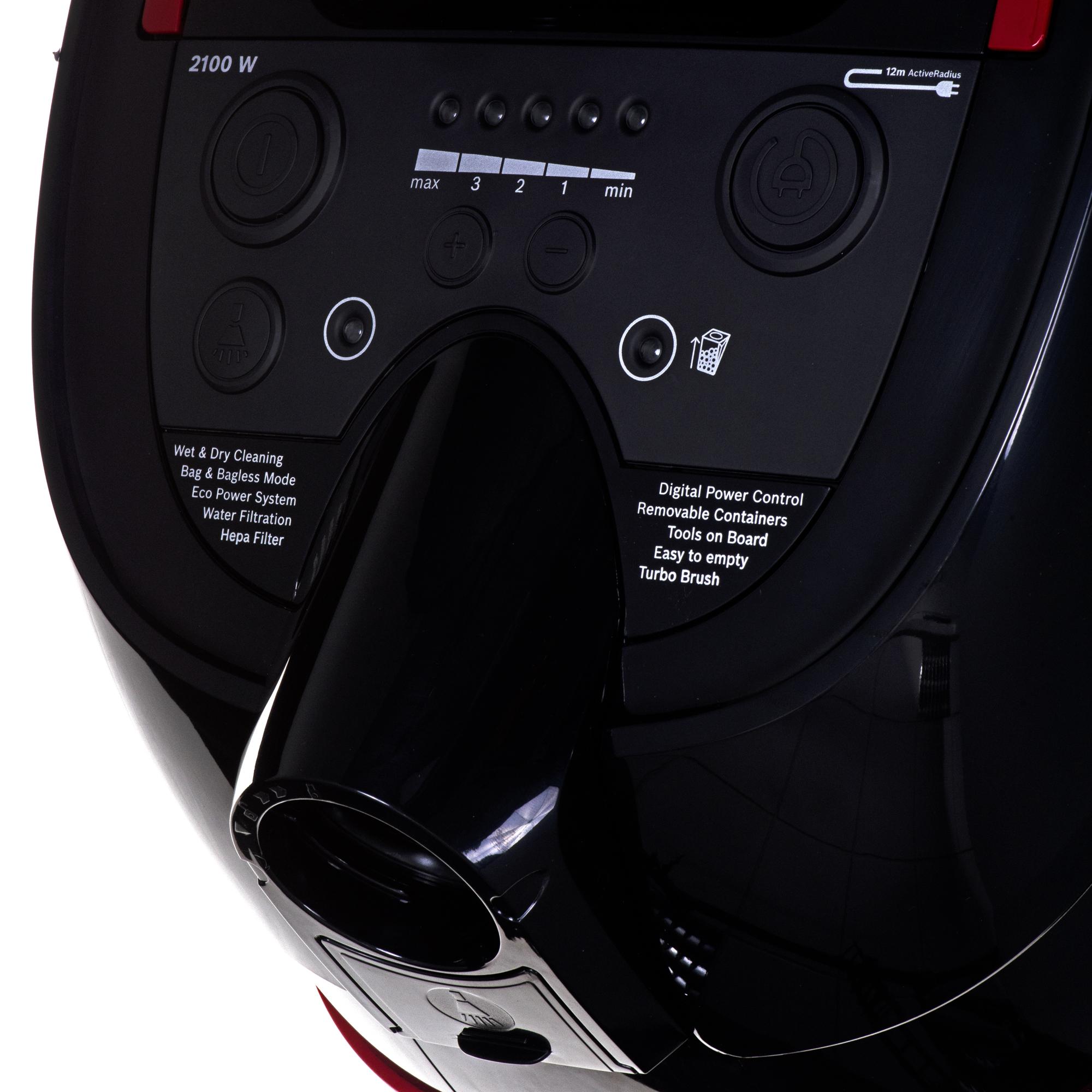 Sauso ir drėgno valymo dulkių siurblys Bosch AquaWash & Clean BWD421POW, 2100 W, Juodos ir raudonos spalvos