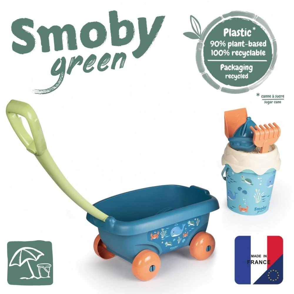 „Smoby“ vežimėlis su kibire ir bioplastikų smėlio aksesuarais