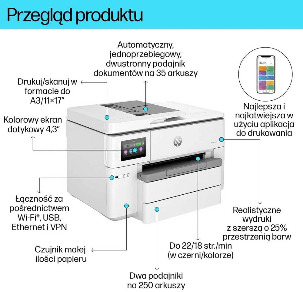 Hewlett Packard (HP) HP OfficeJet Pro 9730e HP+ plataus formato AiO All-in-One Spausdintuvas - A3/A4 spalvotas rašalas, spausdinimas/kopijavimas/nuskaitymas, automatinis dokumentų tiektuvas, automatinis dvipusis, du dėklai, LAN, Wifi, 22 psl. per mėnesį, 250-1500 puslapių (pakeičia OfficeJet Pro 7740)