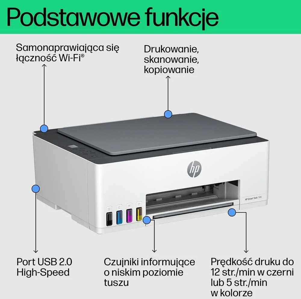 Spausdintuvas HP Smart Tank 580, All-In-One, Baltos spalvos