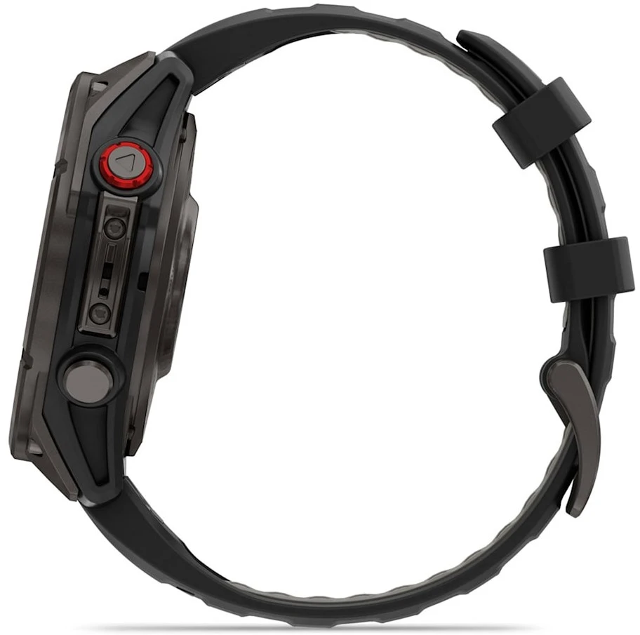 Išmanusis laikrodis Garmin fēnix® 8 Pro – 47 mm, AMOLED Sapphire, Pilkos anglies spalvos DLC titanas su juodos / pilkos akmenukų spalvos silikoniniu dirželiu