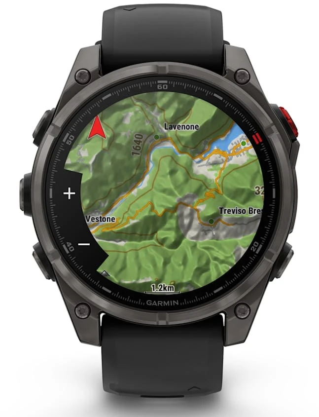 Išmanusis laikrodis Garmin fēnix® 8 Pro – 47 mm, AMOLED Sapphire, Pilkos anglies spalvos DLC titanas su juodos / pilkos akmenukų spalvos silikoniniu dirželiu