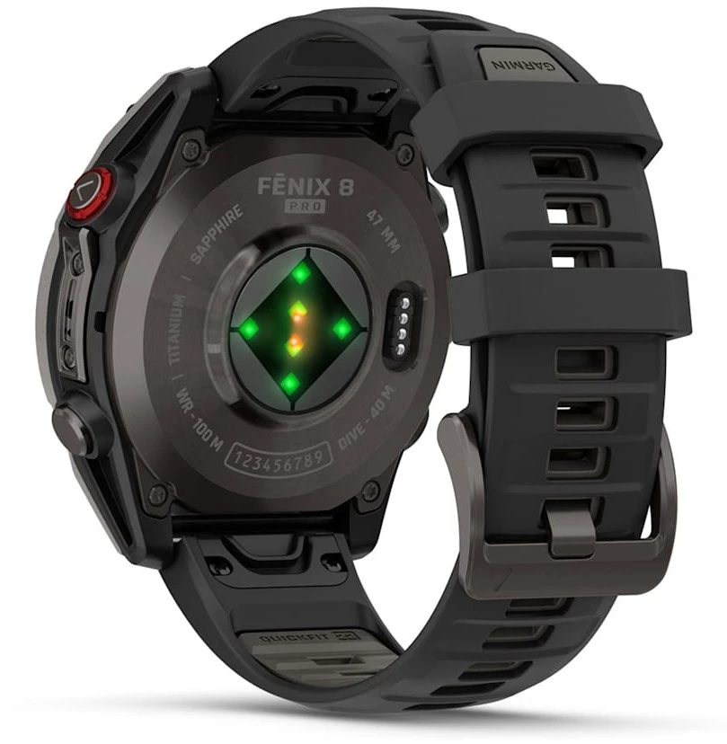 Išmanusis laikrodis Garmin fēnix® 8 Pro – 47 mm, AMOLED Sapphire, Pilkos anglies spalvos DLC titanas su juodos / pilkos akmenukų spalvos silikoniniu dirželiu