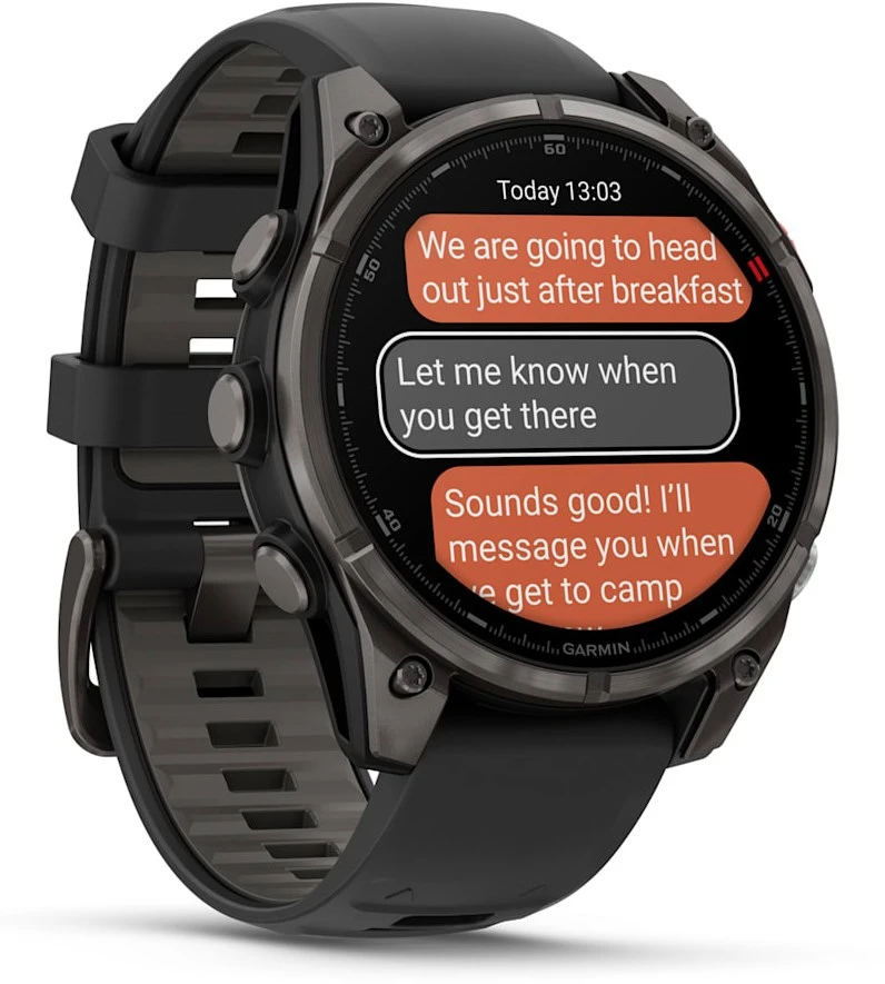 Išmanusis laikrodis Garmin fēnix® 8 Pro – 47 mm, AMOLED Sapphire, Pilkos anglies spalvos DLC titanas su juodos / pilkos akmenukų spalvos silikoniniu dirželiu