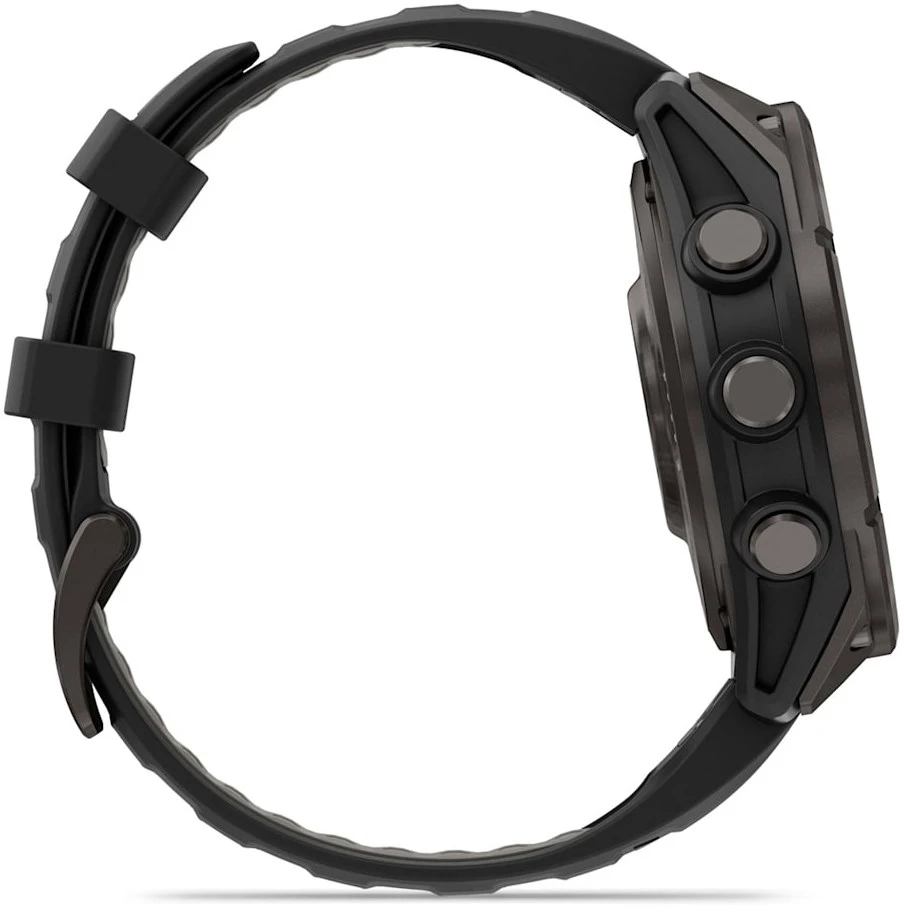 Išmanusis laikrodis Garmin fēnix® 8 Pro – 47 mm, AMOLED Sapphire, Pilkos anglies spalvos DLC titanas su juodos / pilkos akmenukų spalvos silikoniniu dirželiu