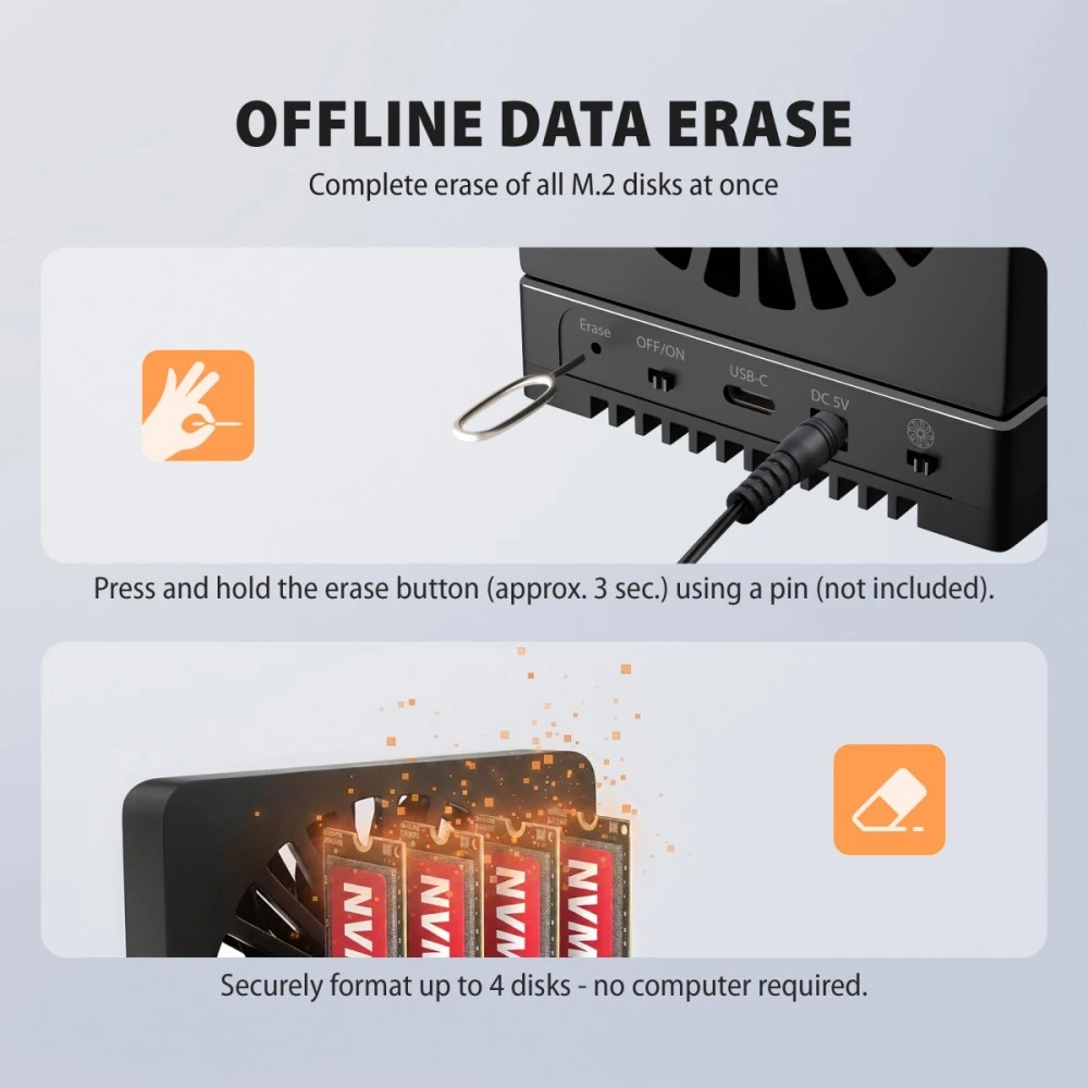 „Axagon ADSA-M2C44 USB4“ prijungimo stotelė, skirta 4 M.2 NVMe SSD diskams su diskų klonavimo funkcija be kompiuterio