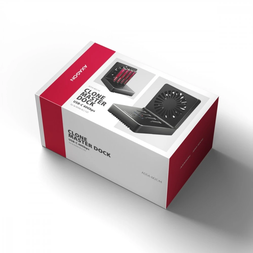 „Axagon ADSA-M2C44 USB4“ prijungimo stotelė, skirta 4 M.2 NVMe SSD diskams su diskų klonavimo funkcija be kompiuterio