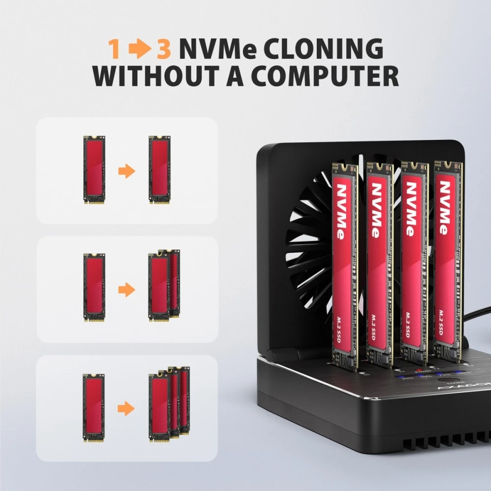 „Axagon ADSA-M2C44 USB4“ prijungimo stotelė, skirta 4 M.2 NVMe SSD diskams su diskų klonavimo funkcija be kompiuterio