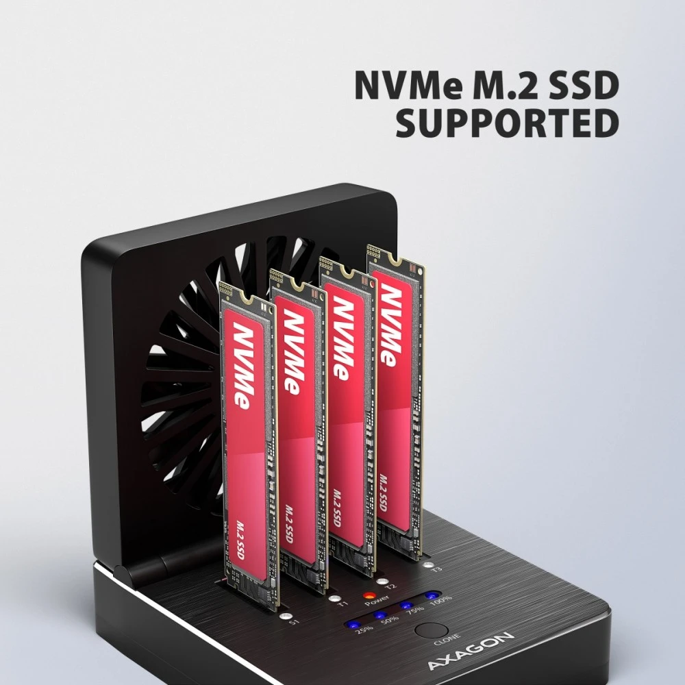 „Axagon ADSA-M2C44 USB4“ prijungimo stotelė, skirta 4 M.2 NVMe SSD diskams su diskų klonavimo funkcija be kompiuterio