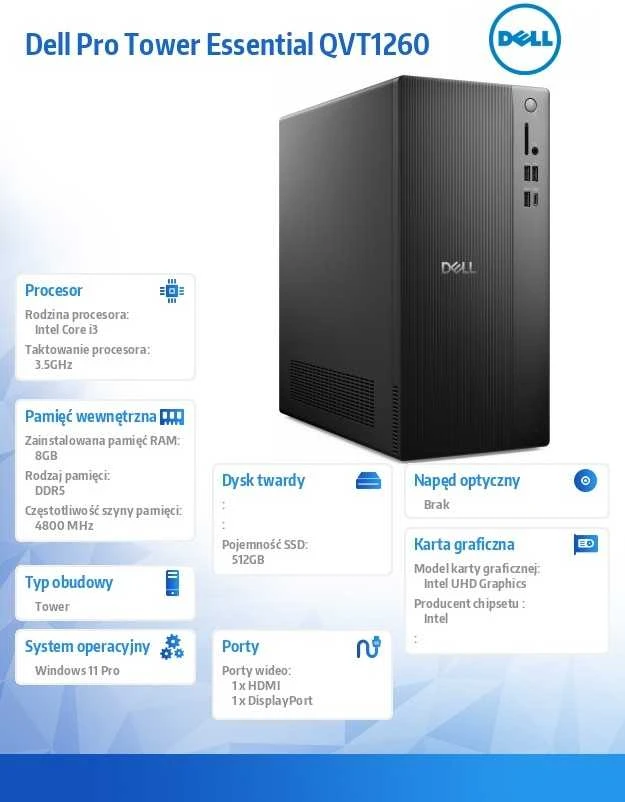 Stacionarus kompiuteris „Dell Pro Tower Essential“ QVT1260, „Win11Pro“ i3-14100, 8 GB, 512 GB SSD, „Intel UHD 730“ ir „Wi-Fi“, 3 GB RAM, „Bluetooth“, „Aux“ ir pelė.