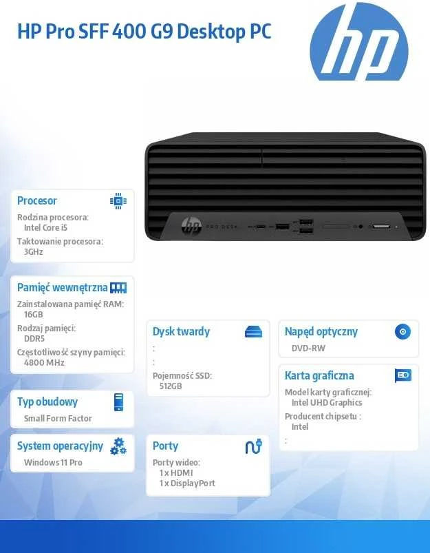 Hewlett Packard (HP) HP Pro 400 G9 Intel® Core™ i5 i5-12500 16 GB DDR5-SDRAM 512 GB SSD DVD-RW Windows 11 Pro SFF PC Juodas