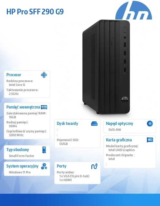 Stacionarus kompiuteris Hewlett Packard (HP) HP Pro 290 G9 Intel® Core™ i5 i5-12400 16 GB DDR4-SDRAM 512 GB SSD Windows 11 Pro SFF PC Juodas