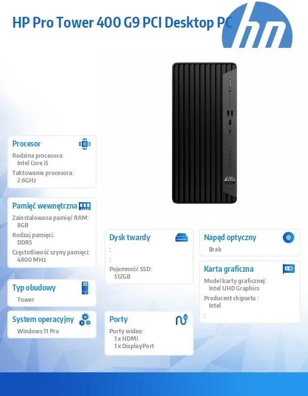 Hewlett Packard (HP) HP Pro Tower 400 G9 PCI Intel® Core™ i5 i5-14500 8 GB DDR5-SDRAM 512 GB SSD Windows 11 Pro PC Juodas