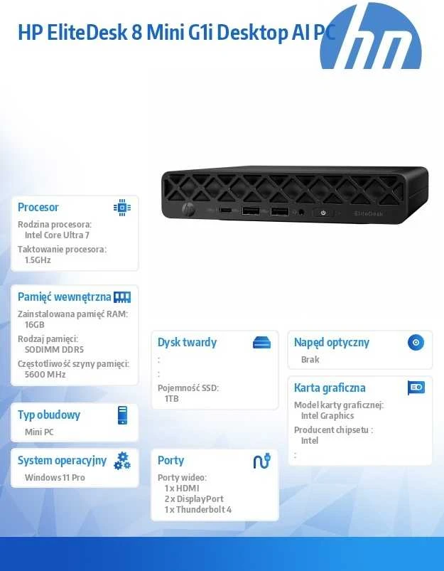 Stacionarus kompiuteris Hewlett Packard (HP) Komputer elitedesk 8 mini g1i u7-265t 1tb/16gb/w11p 998z2et