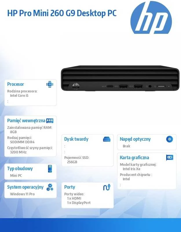 Hewlett Packard (HP) HP Pro Mini 260 G9 Intel® Core™ i5 i5-1335U 8 GB DDR4-SDRAM 256 GB SSD Windows 11 Pro Mini PC Juodas